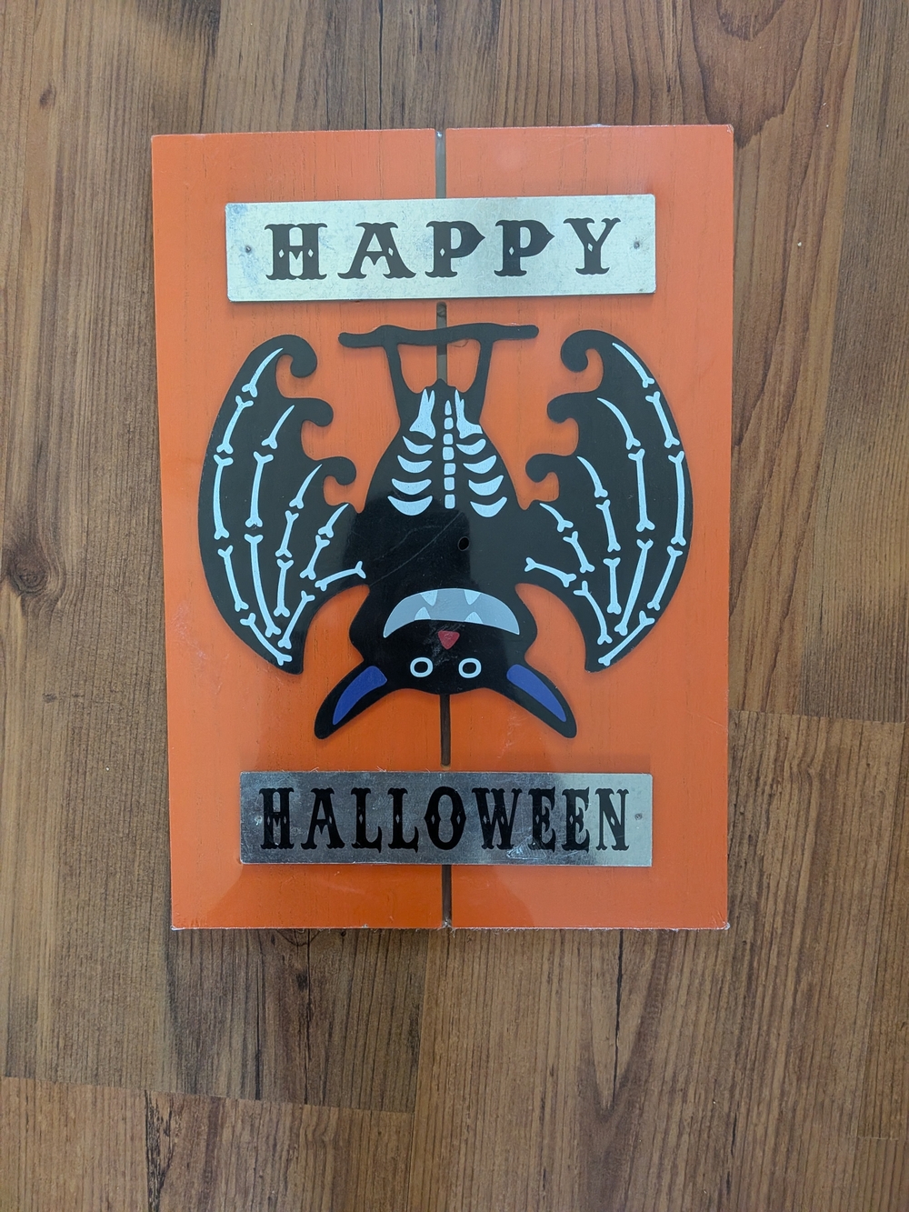 BNIP Happy Halloween Wooden Rustic Orange Bat Wall Decor